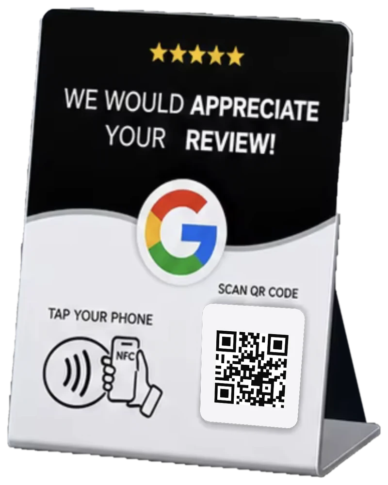 Tapnuvo Google review stand: tap your phone on the NFC icon or scan the QR code to leave a review